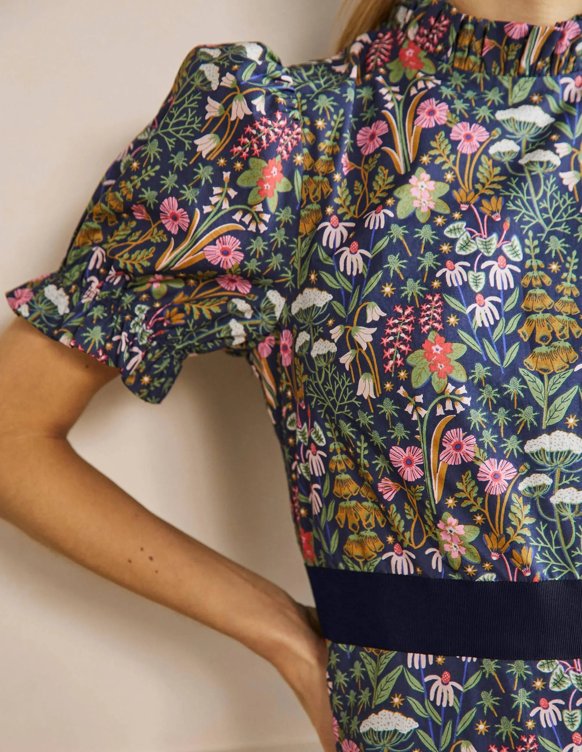 Frill Neck Tiered Midi Dress-French Navy. Wildflower Bloom