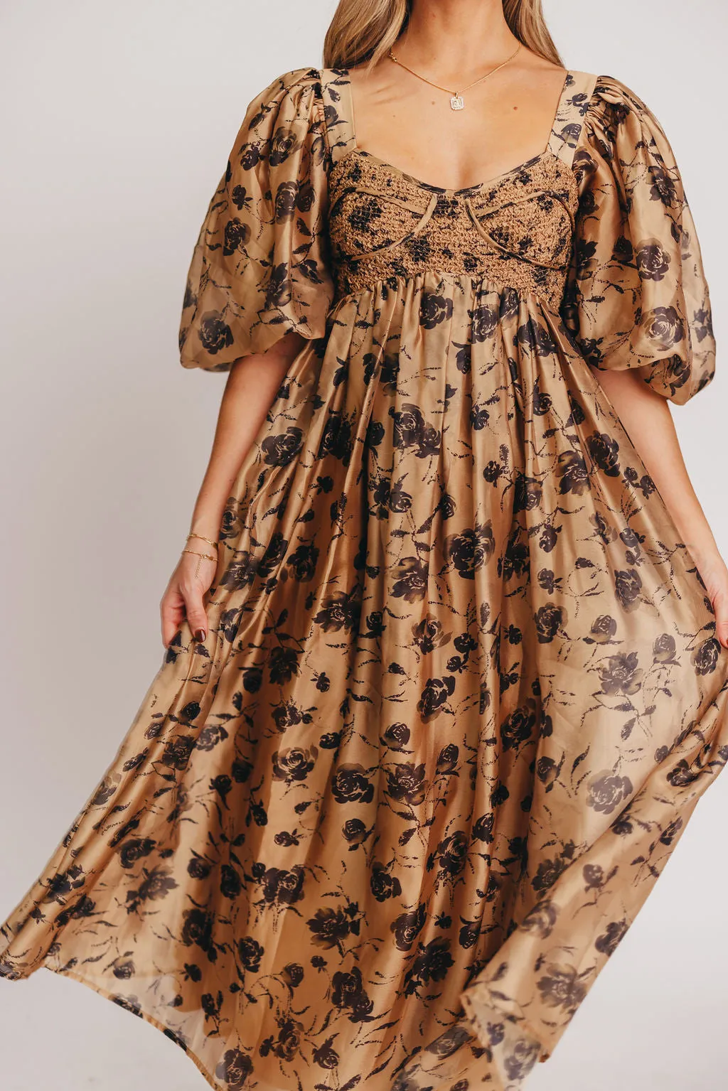 Harlow Camel & Black Floral Maxi Dress with Stretchy Neckline - Bump Friendly (Read Description)