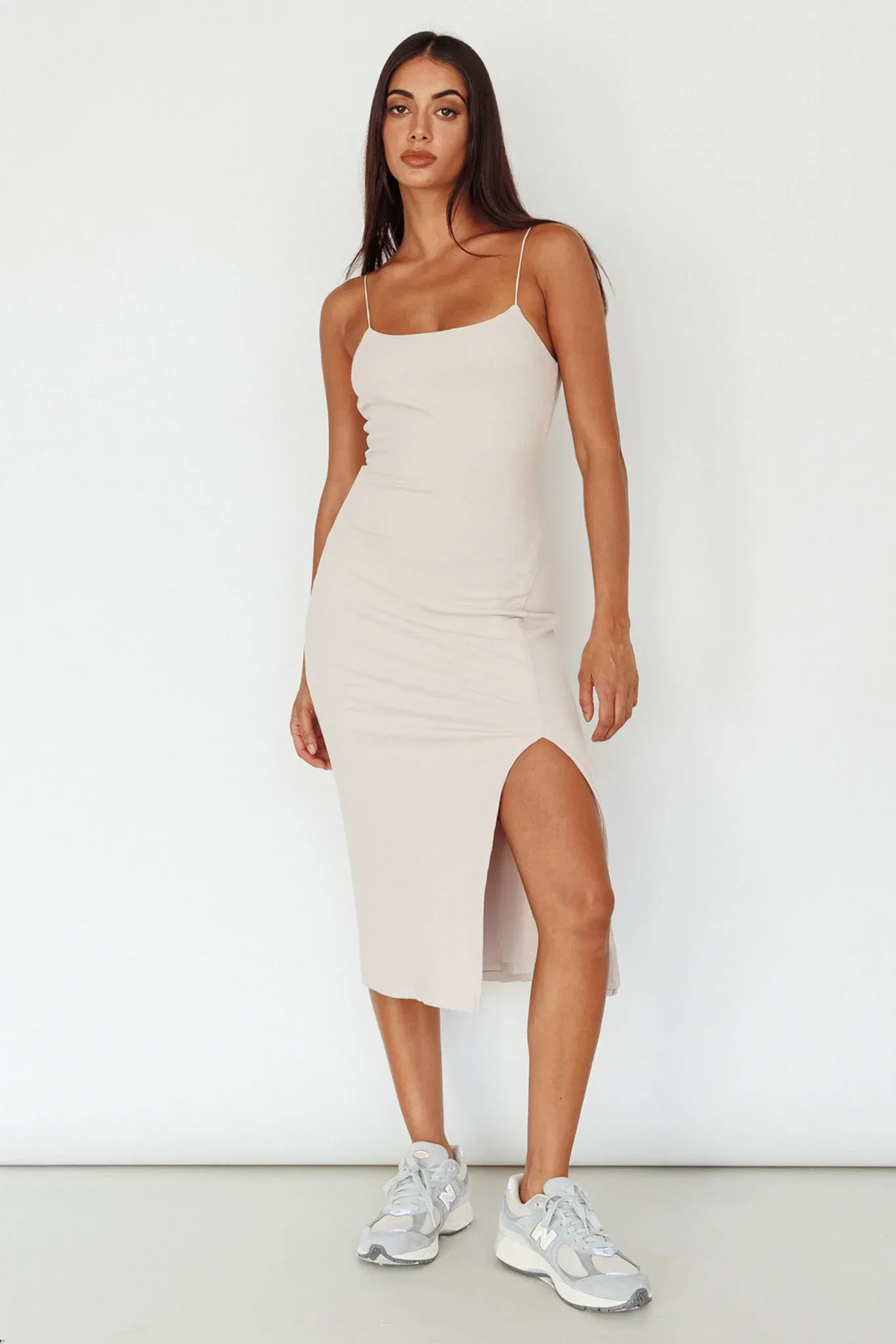 In My Element Split Midi Dress Oatmeal