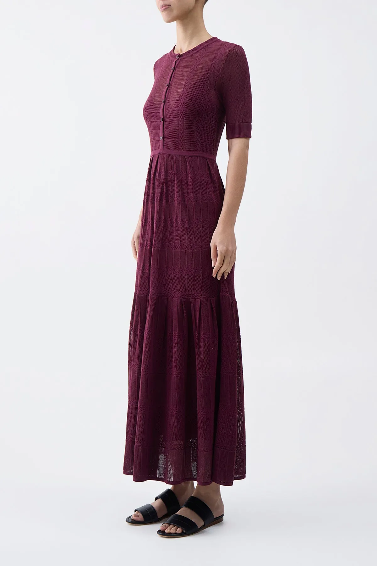 Iris Pointelle Knit Pleated Maxi Dress with Slip in Bordeaux Cotton Silk
