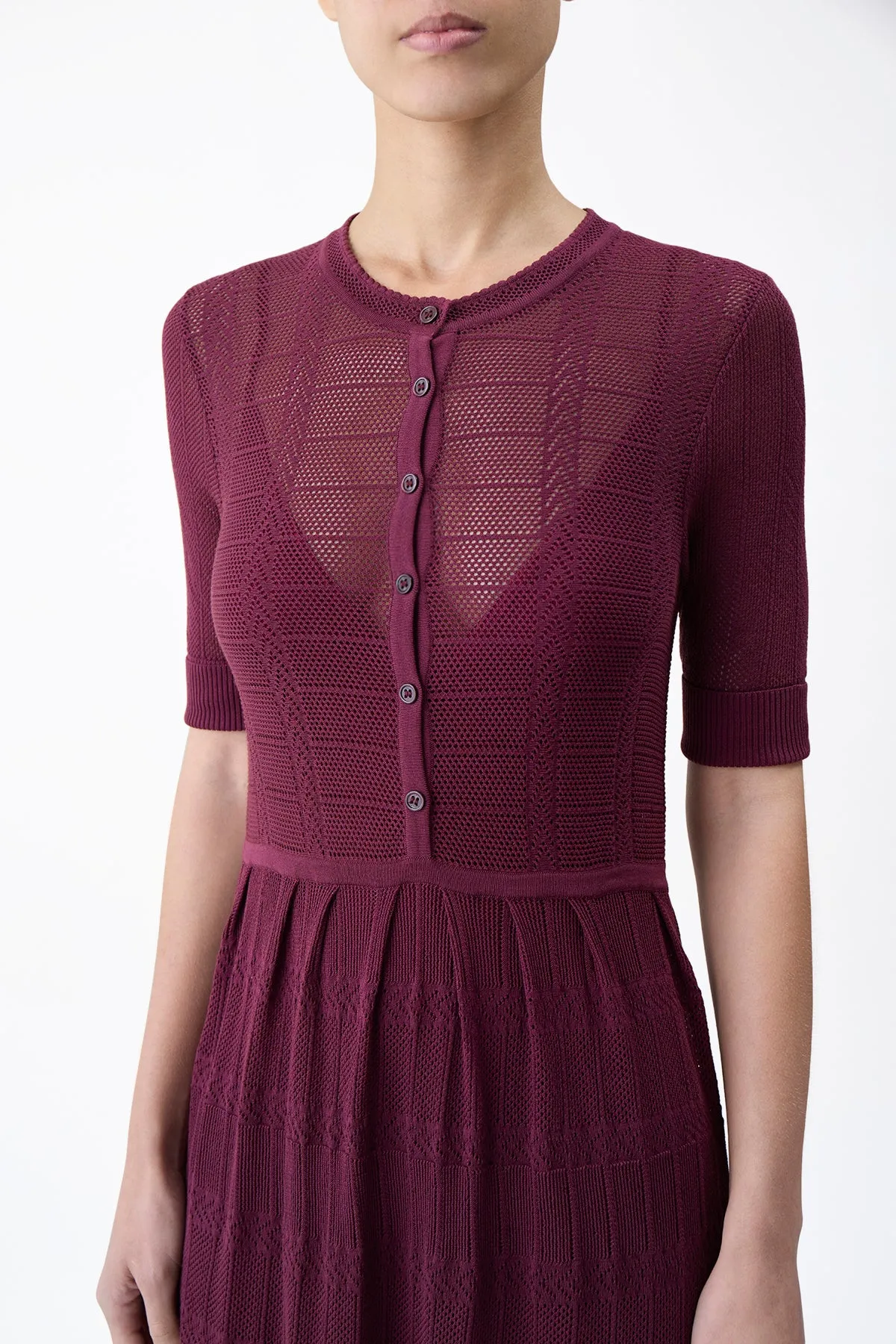 Iris Pointelle Knit Pleated Maxi Dress with Slip in Bordeaux Cotton Silk