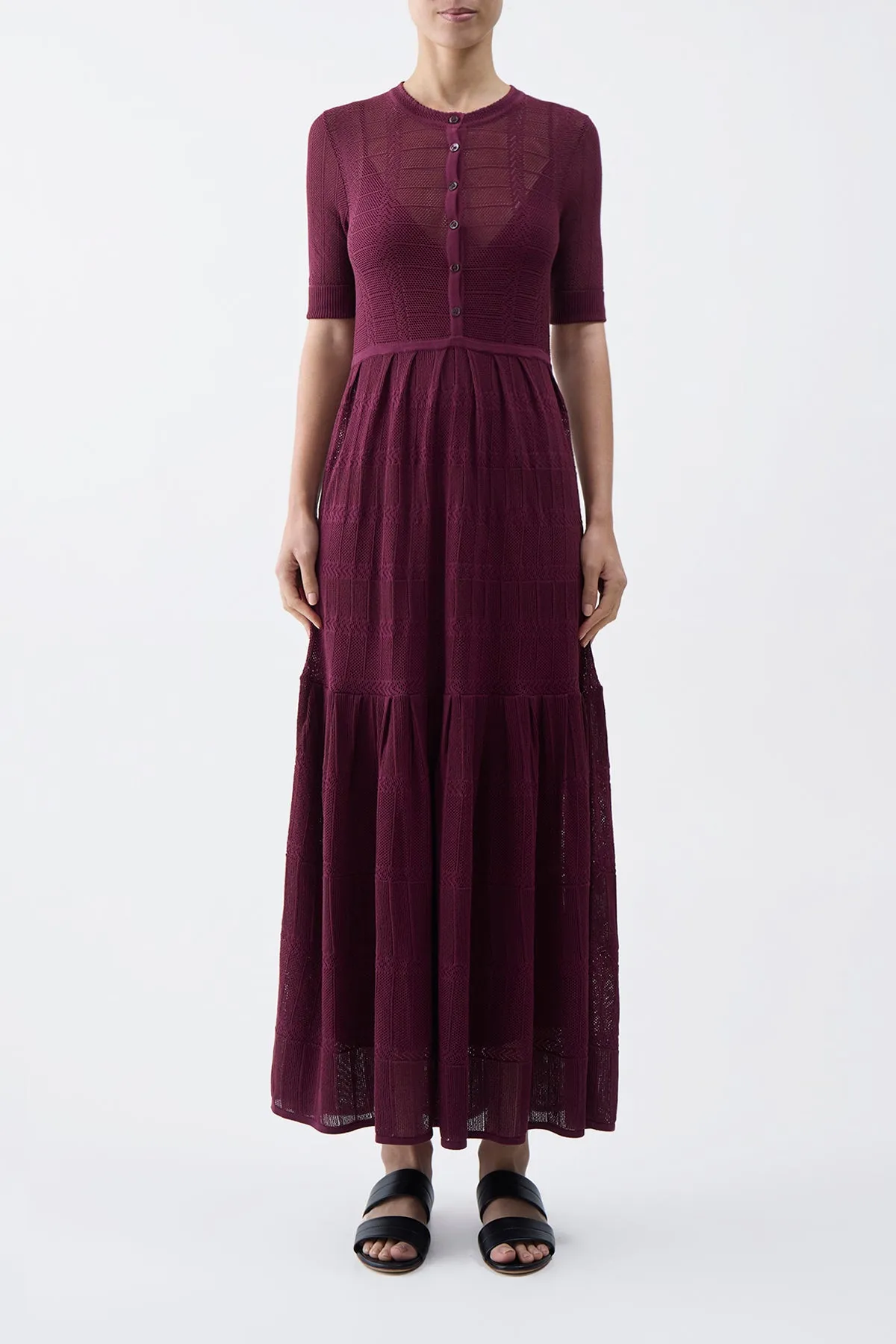 Iris Pointelle Knit Pleated Maxi Dress with Slip in Bordeaux Cotton Silk