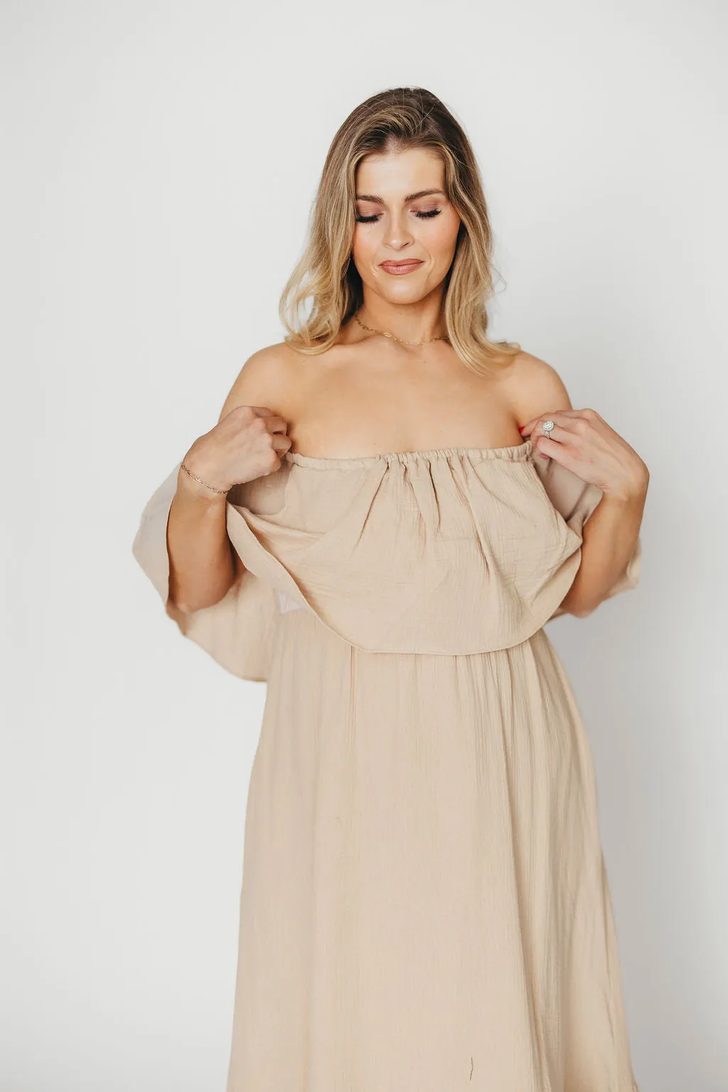 Josie 100% Cotton Maxi Dress in Beige - Bump & Nursing Friendly