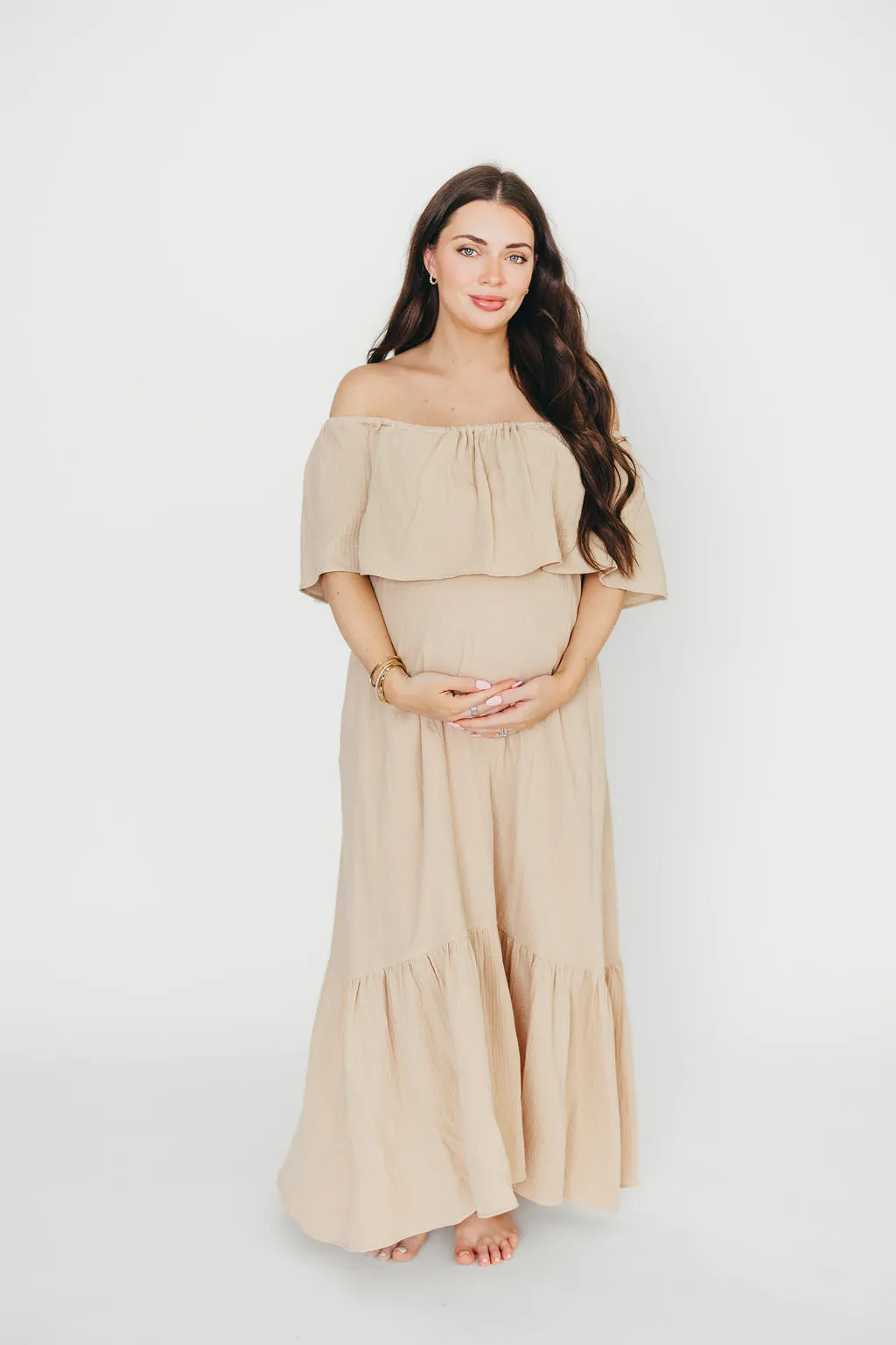 Josie 100% Cotton Maxi Dress in Beige - Bump & Nursing Friendly