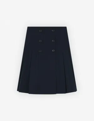 Knee Pleated Wrap Skirt In Cotton Poplin Ink Blue