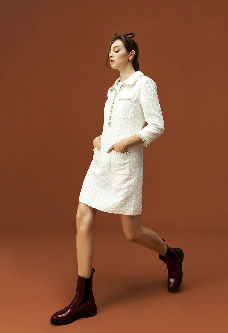 Lapel White Tweed Gold-detailing Long Sleeve Dress
