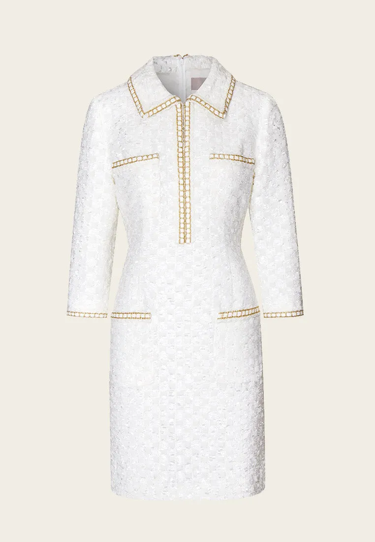 Lapel White Tweed Gold-detailing Long Sleeve Dress