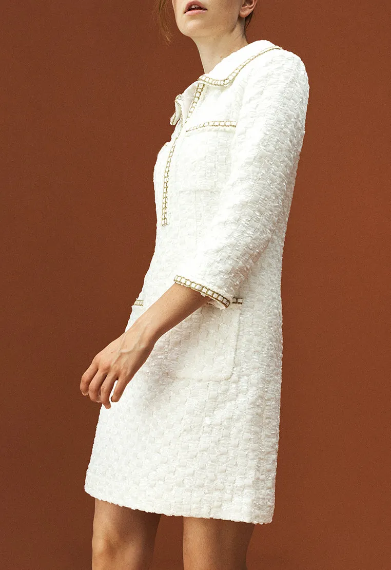 Lapel White Tweed Gold-detailing Long Sleeve Dress