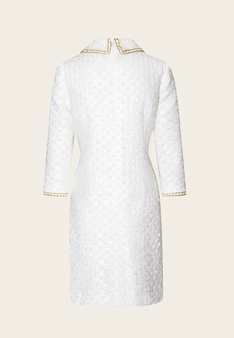 Lapel White Tweed Gold-detailing Long Sleeve Dress