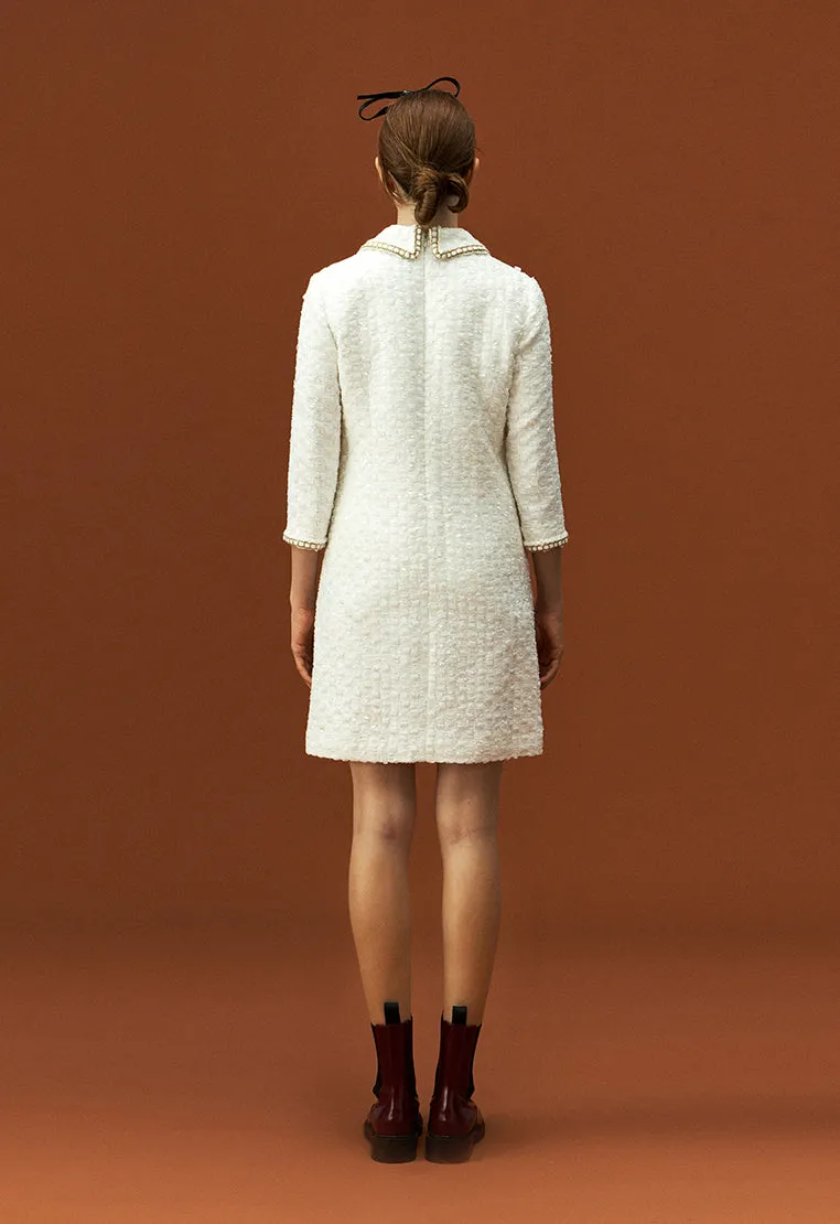 Lapel White Tweed Gold-detailing Long Sleeve Dress