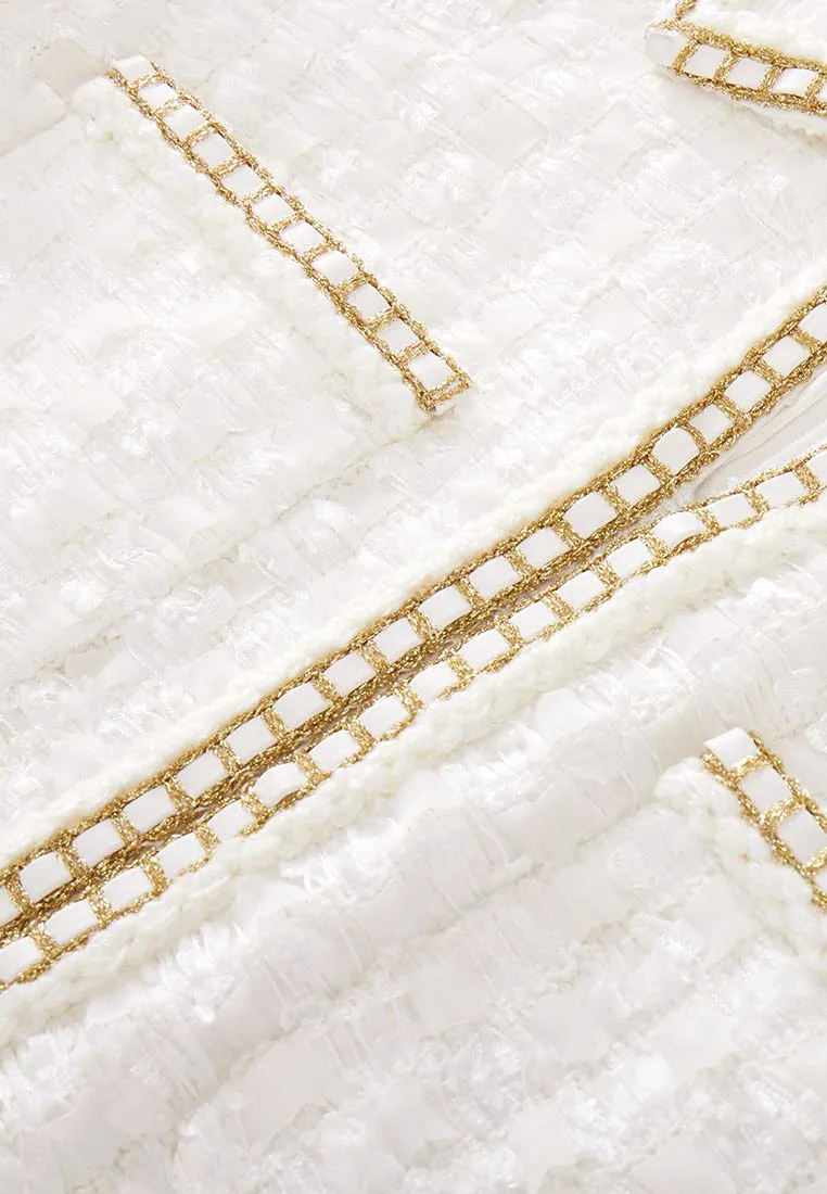 Lapel White Tweed Gold-detailing Long Sleeve Dress
