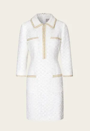 Lapel White Tweed Gold-detailing Long Sleeve Dress