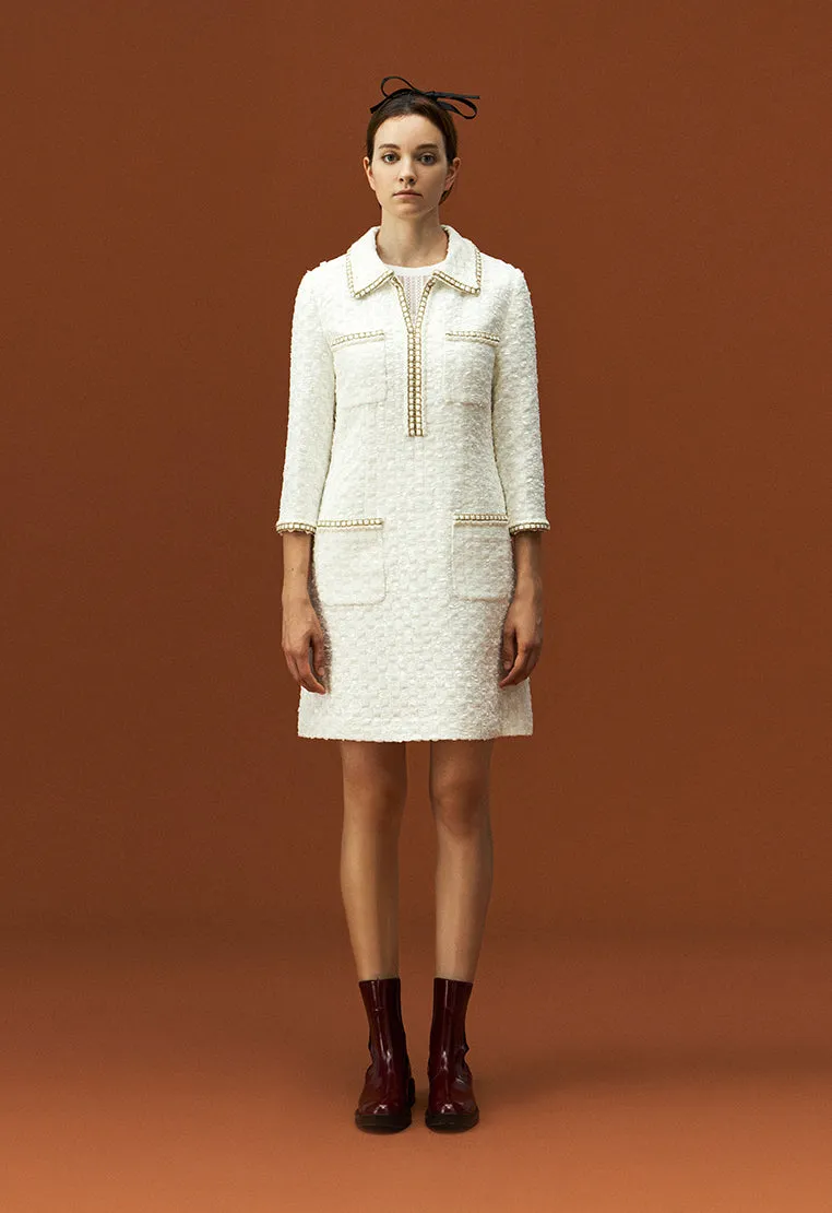 Lapel White Tweed Gold-detailing Long Sleeve Dress