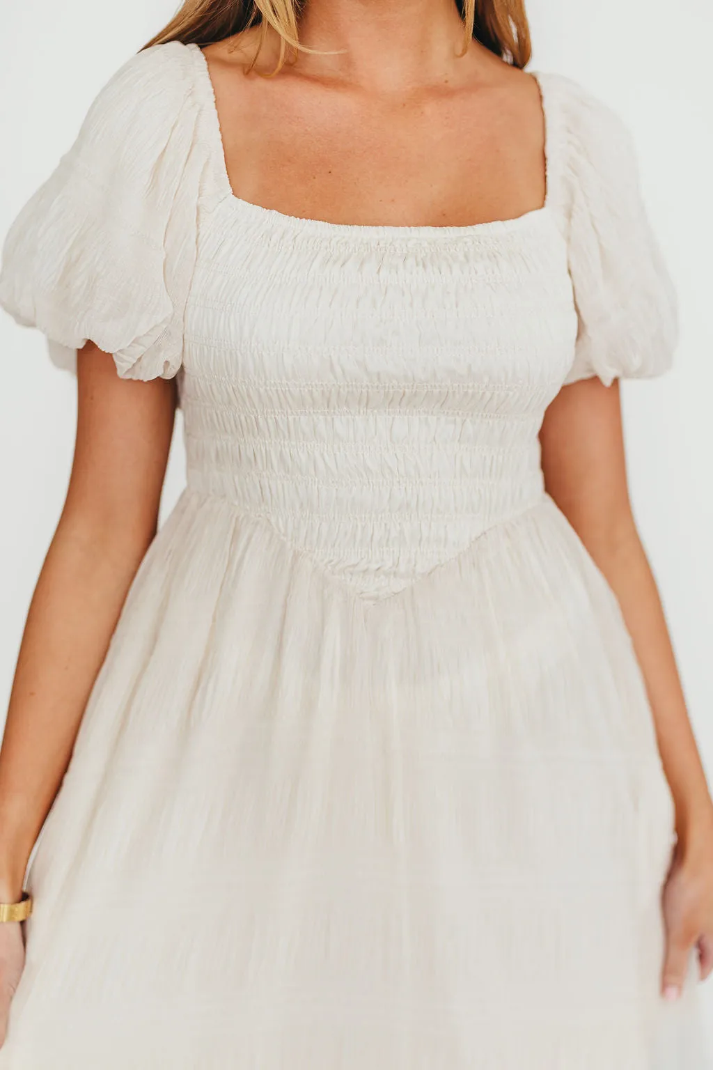 Laura Puff Sleeve Smocked Midi Dress in Ecru