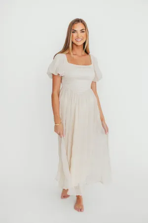 Laura Puff Sleeve Smocked Midi Dress in Ecru
