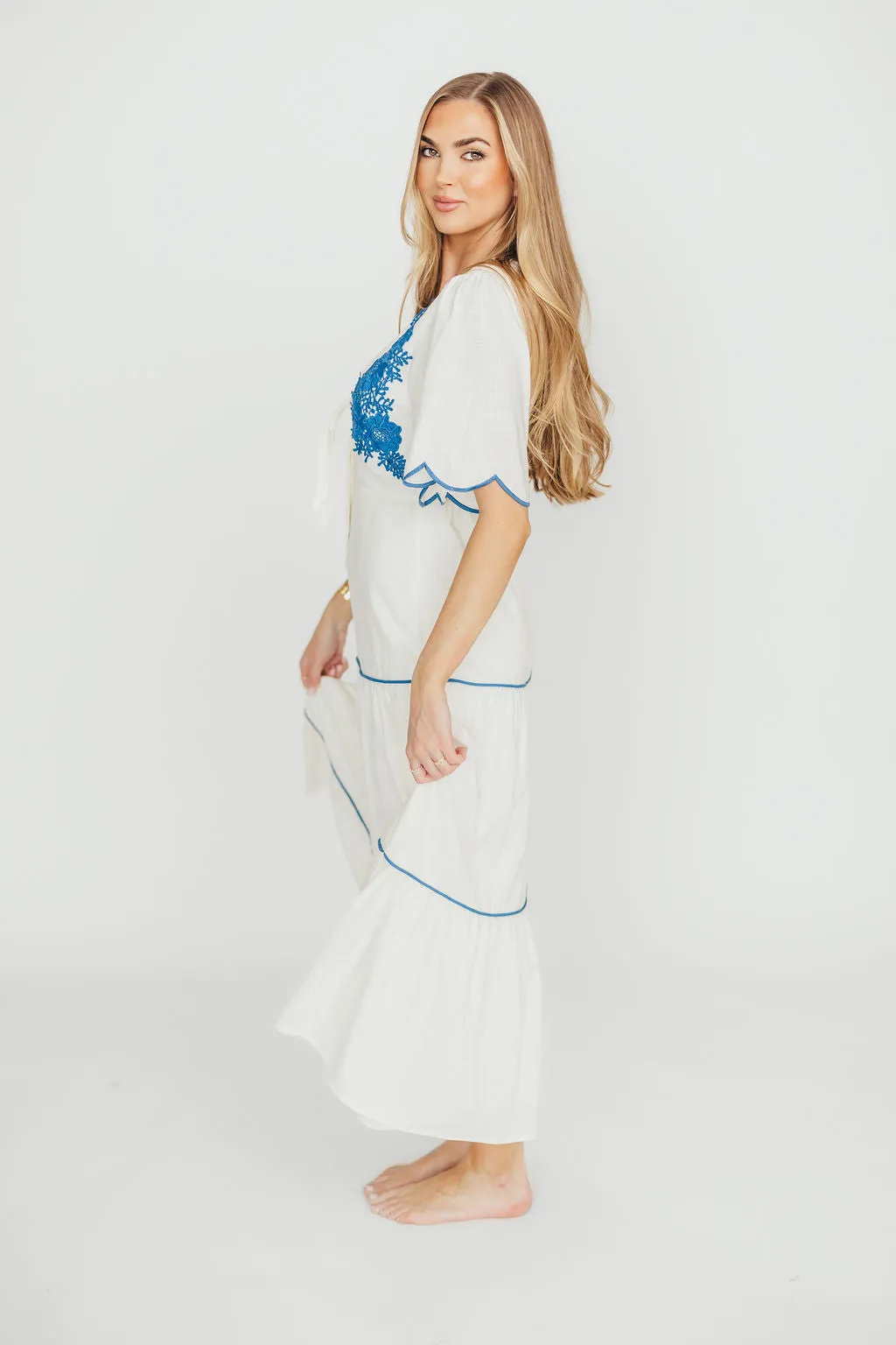 Lena Embroidered Tiered Midi Dress in Off-White/Blue