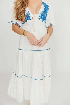 Lena Embroidered Tiered Midi Dress in Off-White/Blue
