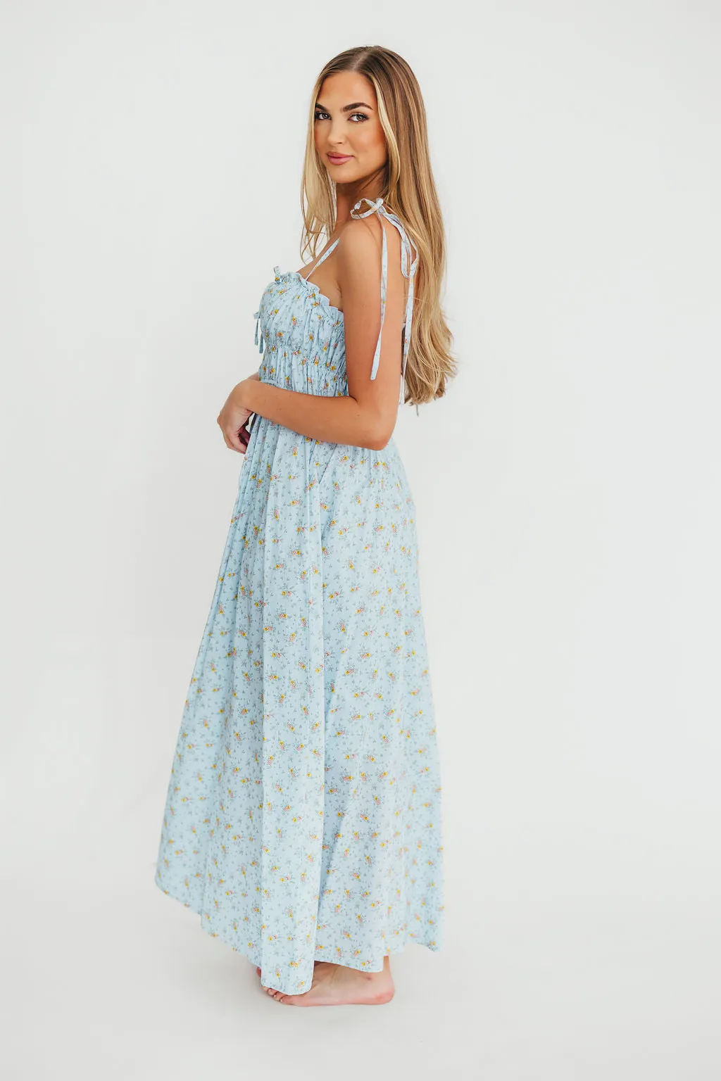 Lila Ruched Floral Maxi Dress in Powder Blue