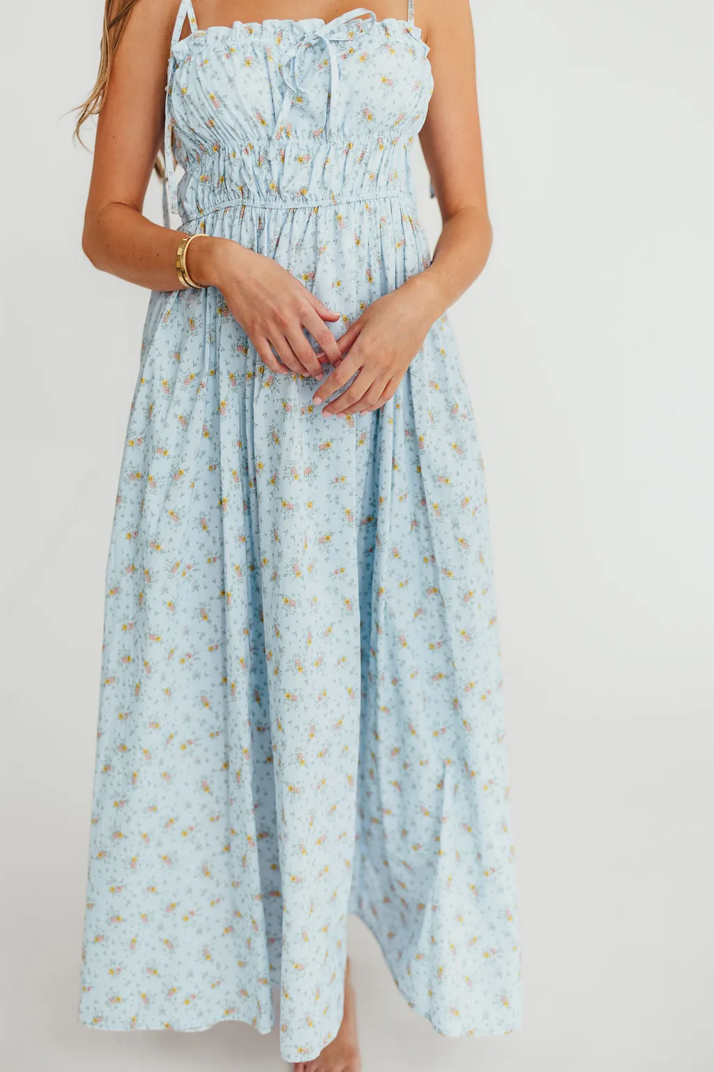 Lila Ruched Floral Maxi Dress in Powder Blue