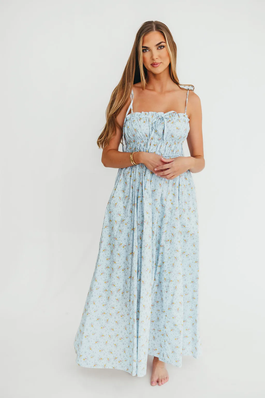 Lila Ruched Floral Maxi Dress in Powder Blue