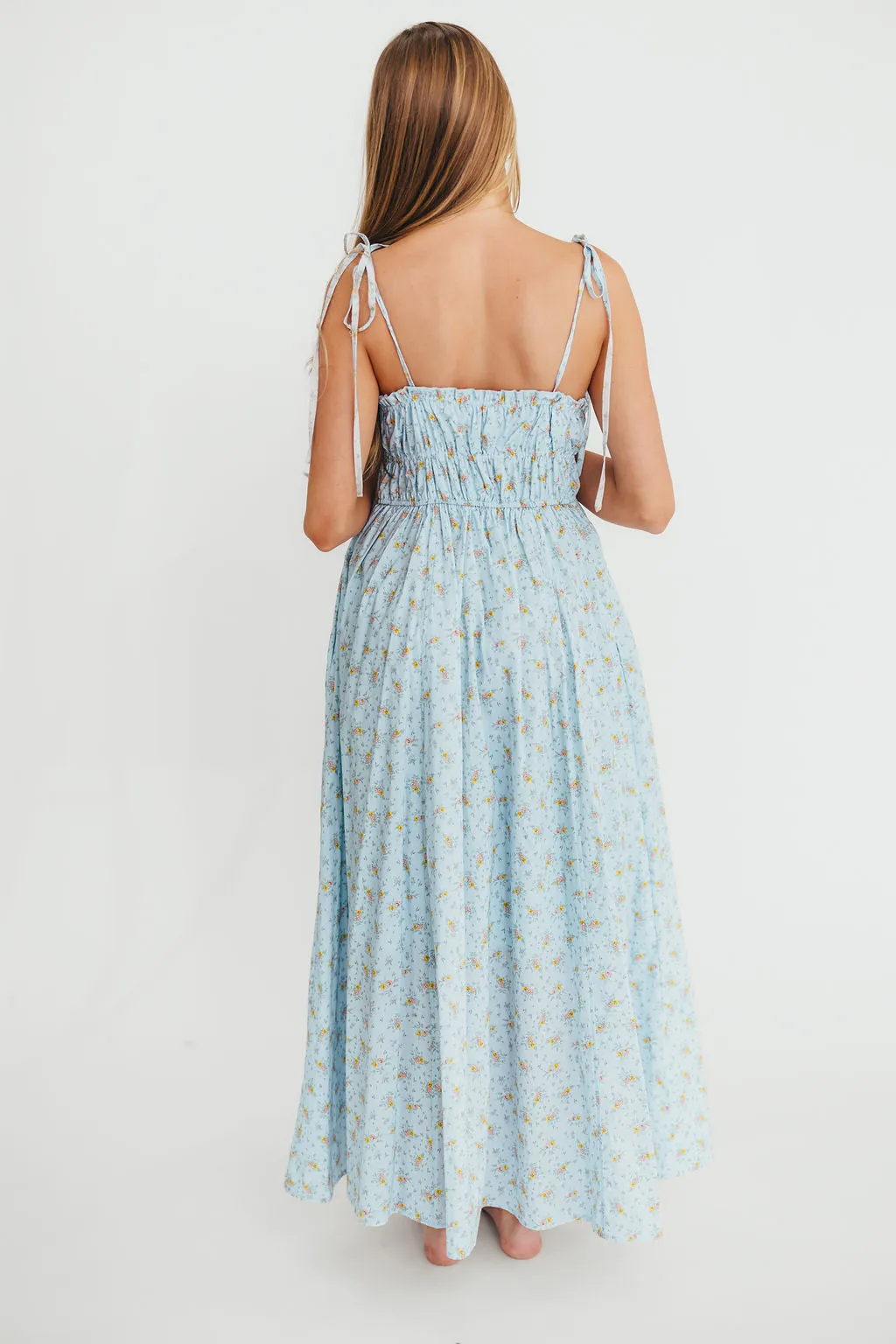 Lila Ruched Floral Maxi Dress in Powder Blue