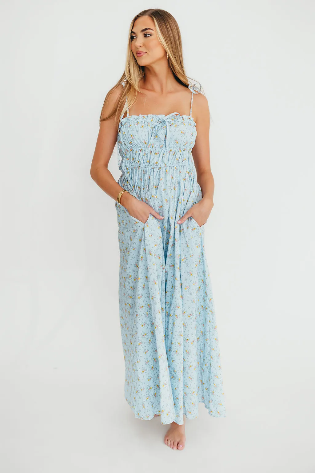 Lila Ruched Floral Maxi Dress in Powder Blue