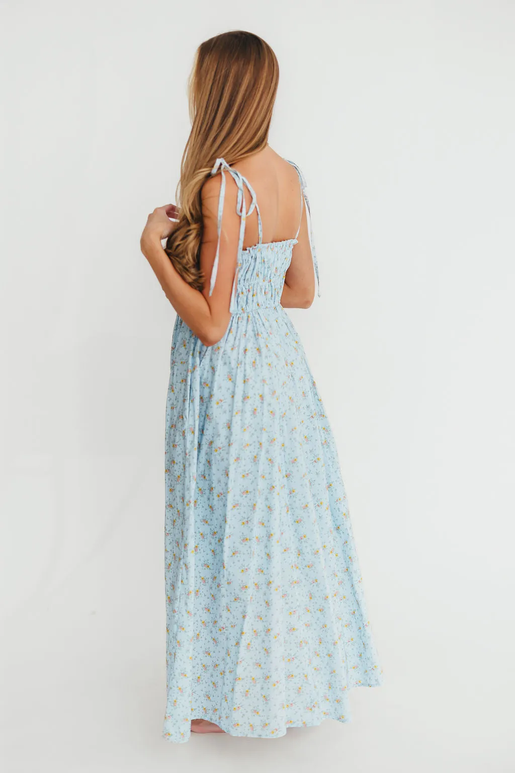 Lila Ruched Floral Maxi Dress in Powder Blue