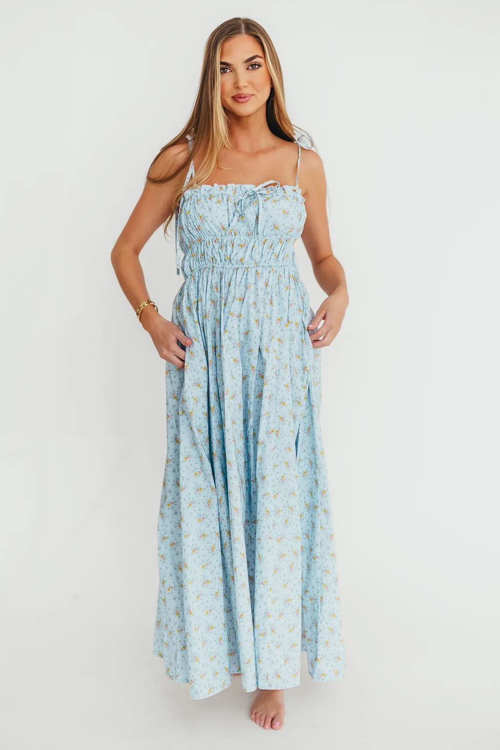 Lila Ruched Floral Maxi Dress in Powder Blue