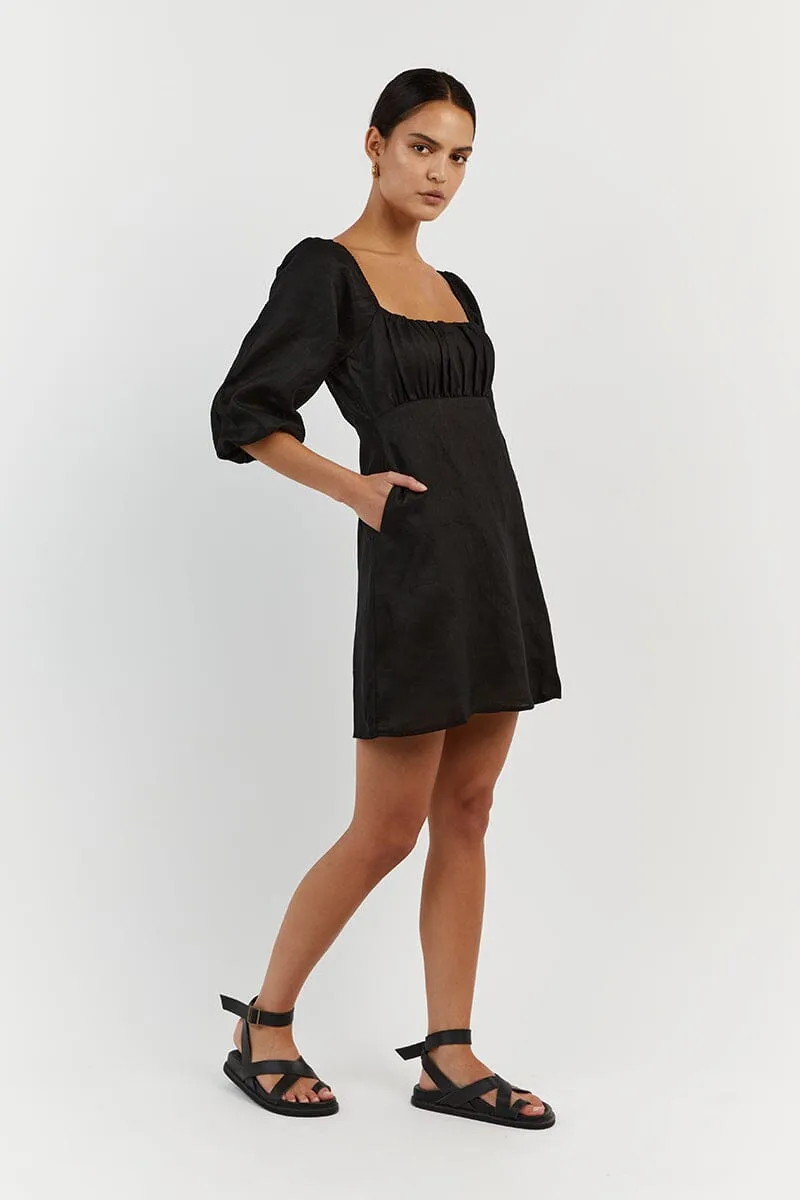 LILAH BLACK LINEN MINI DRESS
