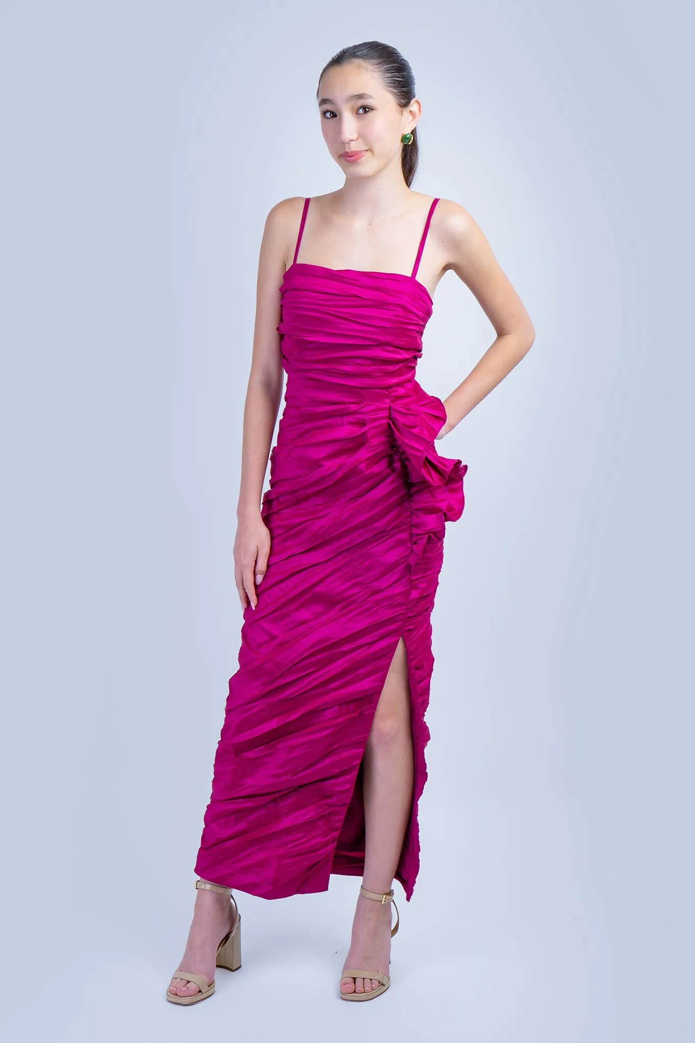 Magenta Shirring Side Drape Dress