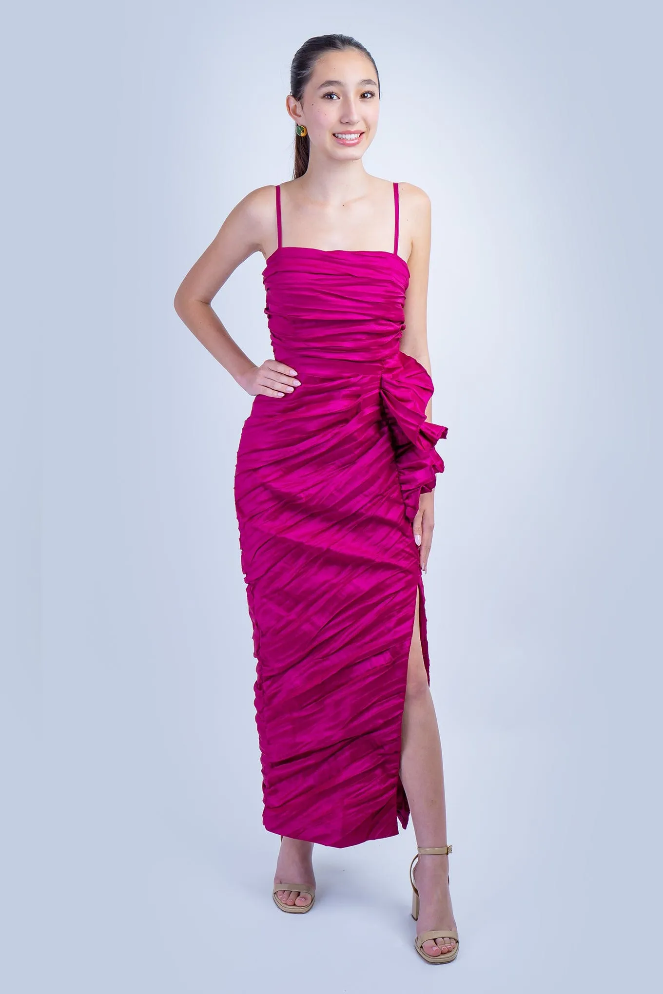 Magenta Shirring Side Drape Dress