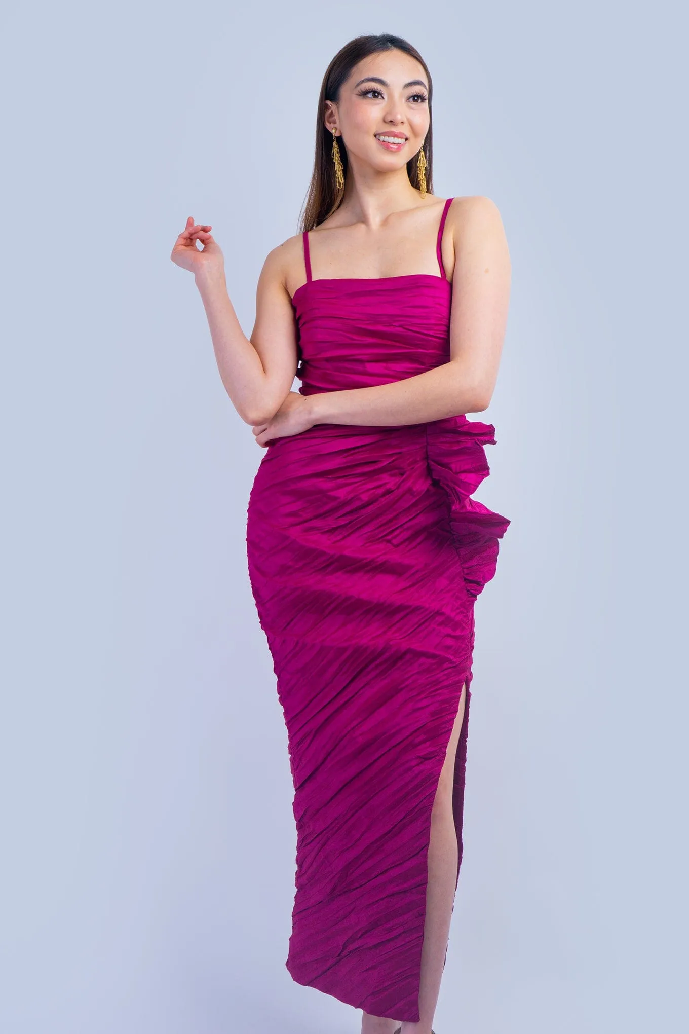Magenta Shirring Side Drape Dress