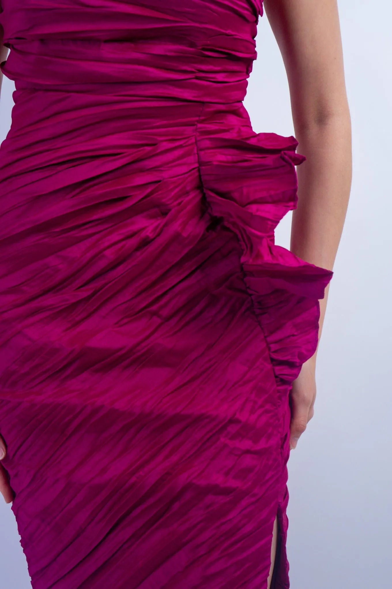 Magenta Shirring Side Drape Dress