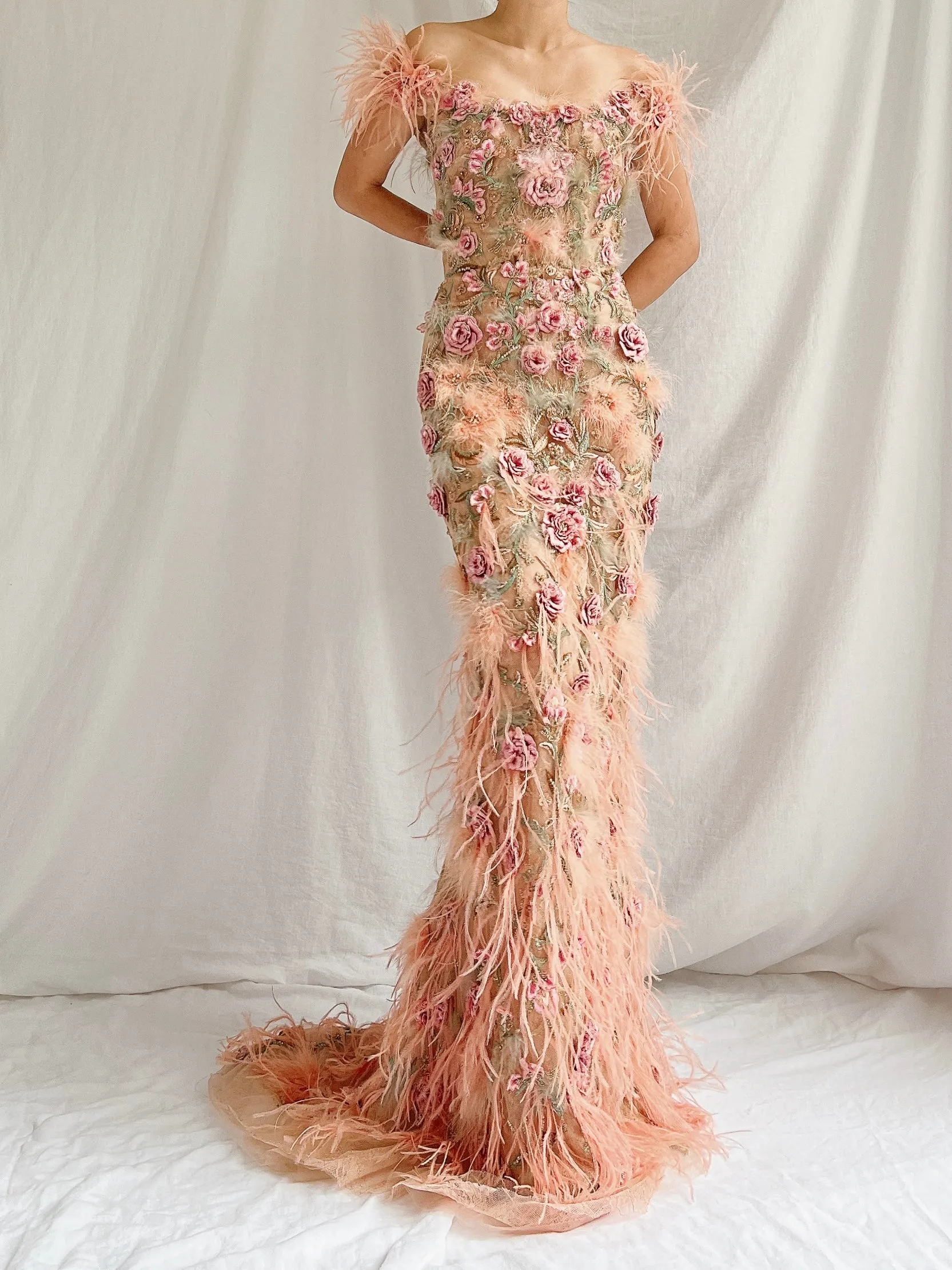 Marchesa Peach Feather 3D Embellished Gown - XS