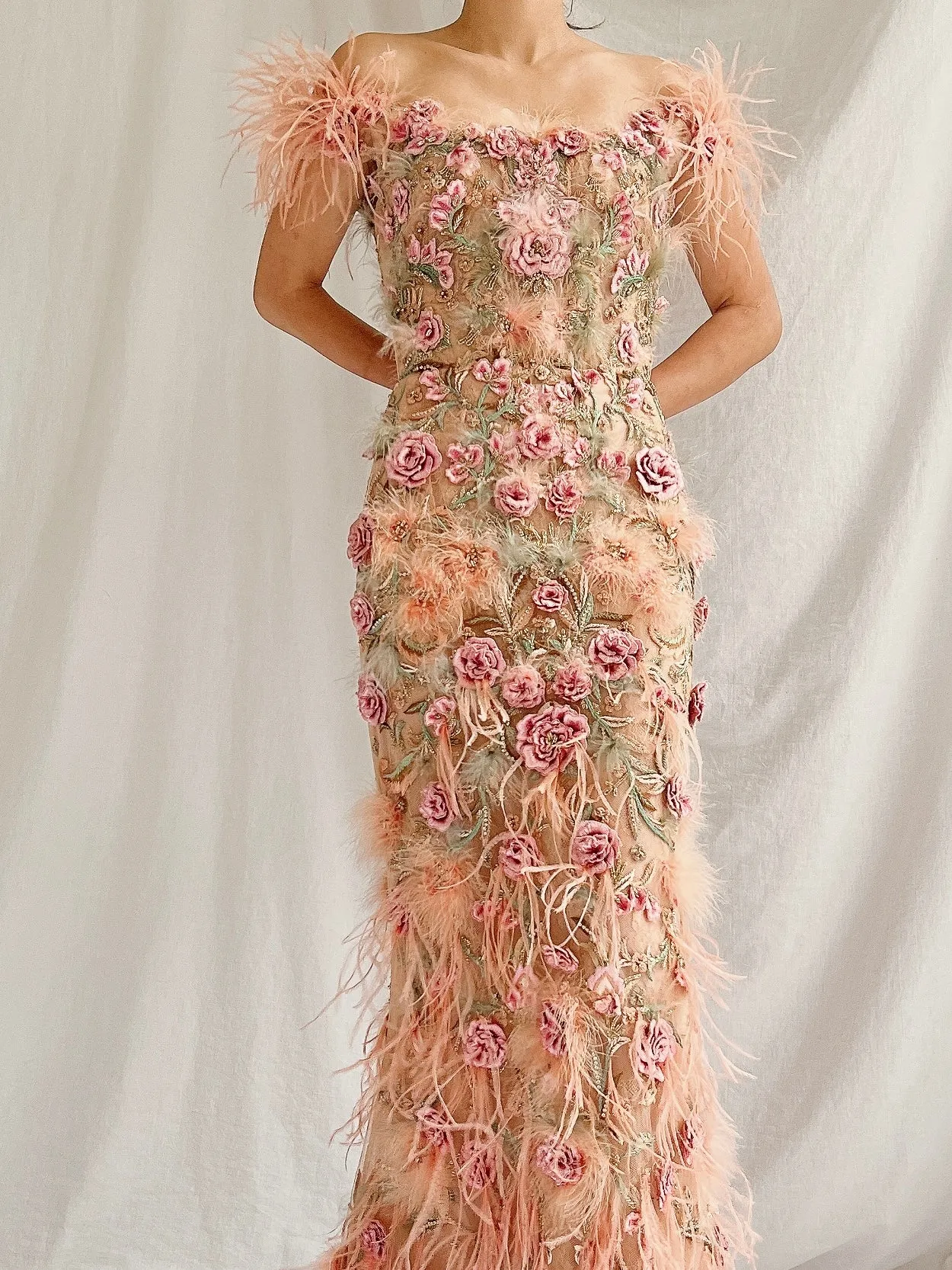 Marchesa Peach Feather 3D Embellished Gown - XS