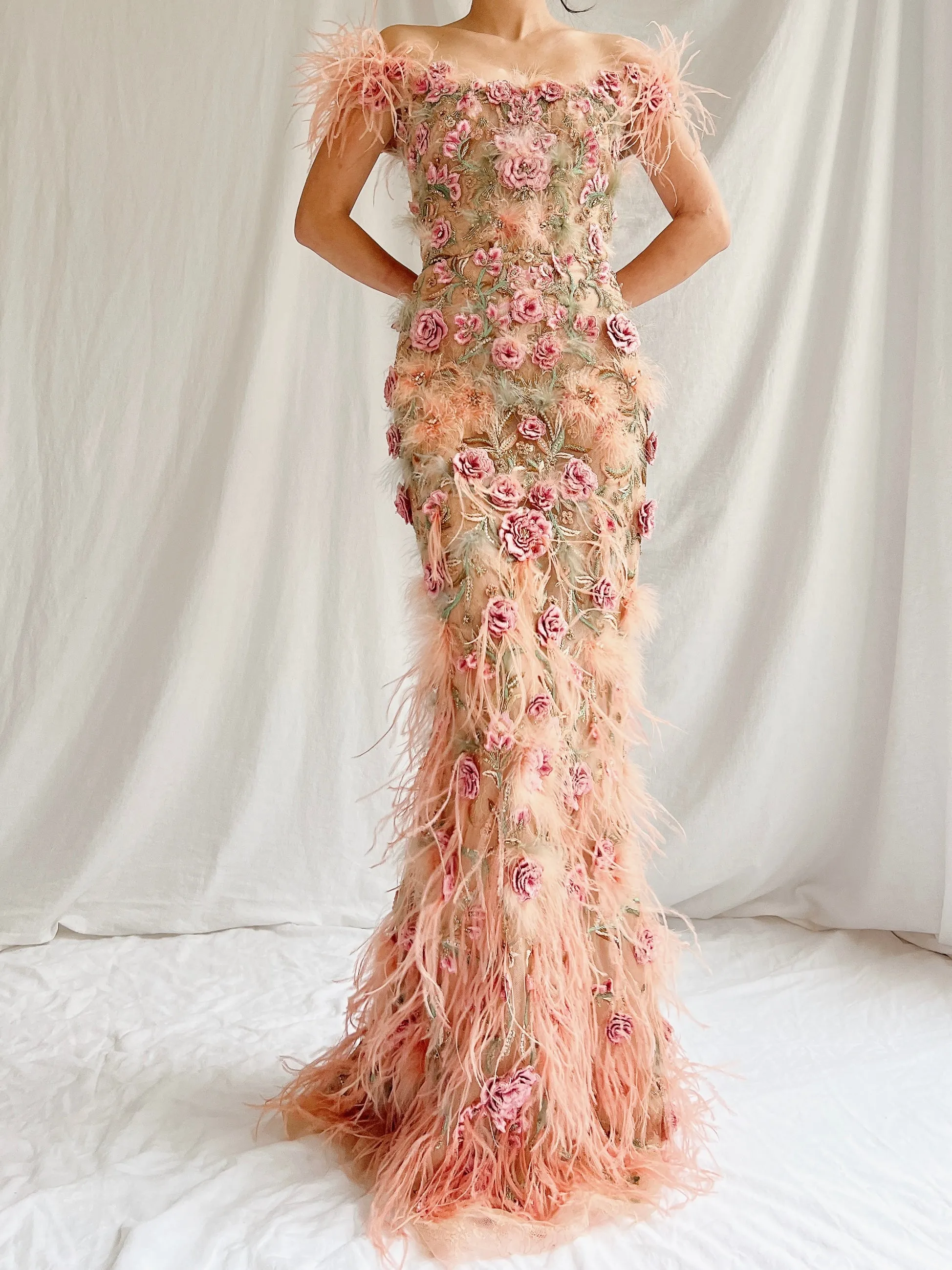 Marchesa Peach Feather 3D Embellished Gown - XS