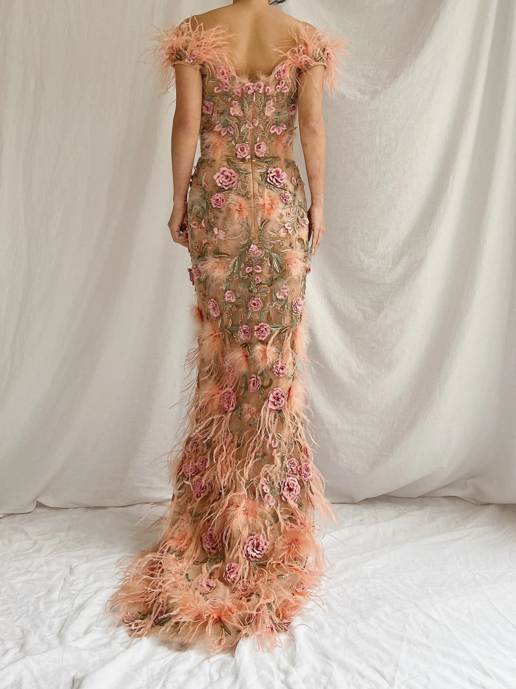 Marchesa Peach Feather 3D Embellished Gown - XS