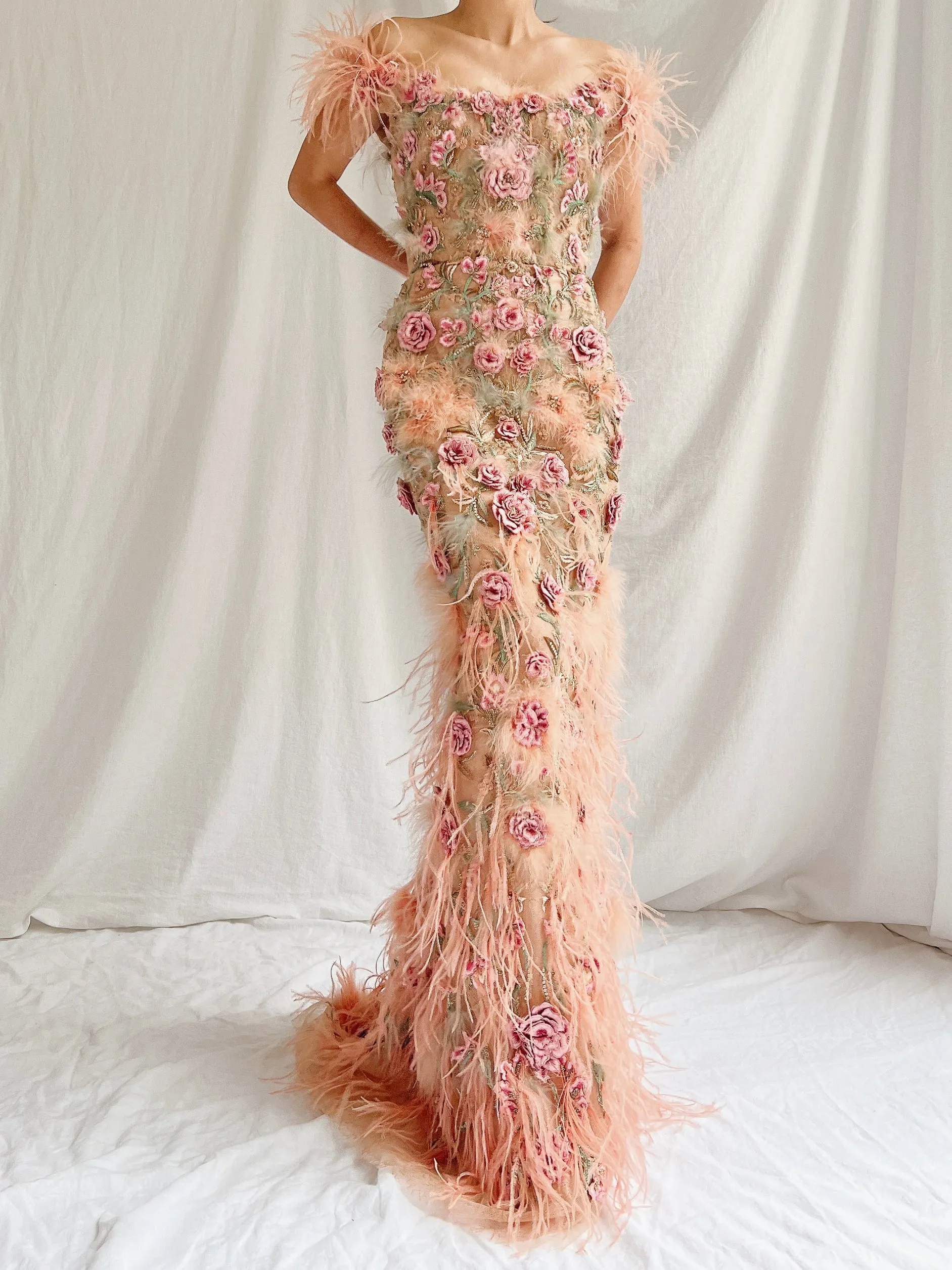 Marchesa Peach Feather 3D Embellished Gown - XS