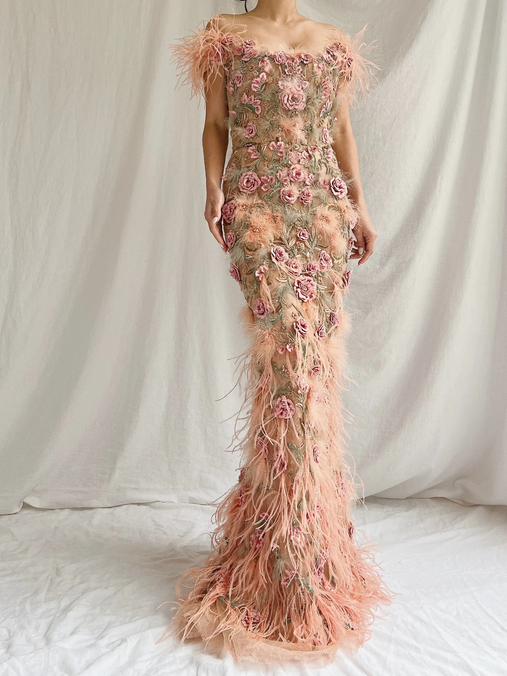 Marchesa Peach Feather 3D Embellished Gown - XS