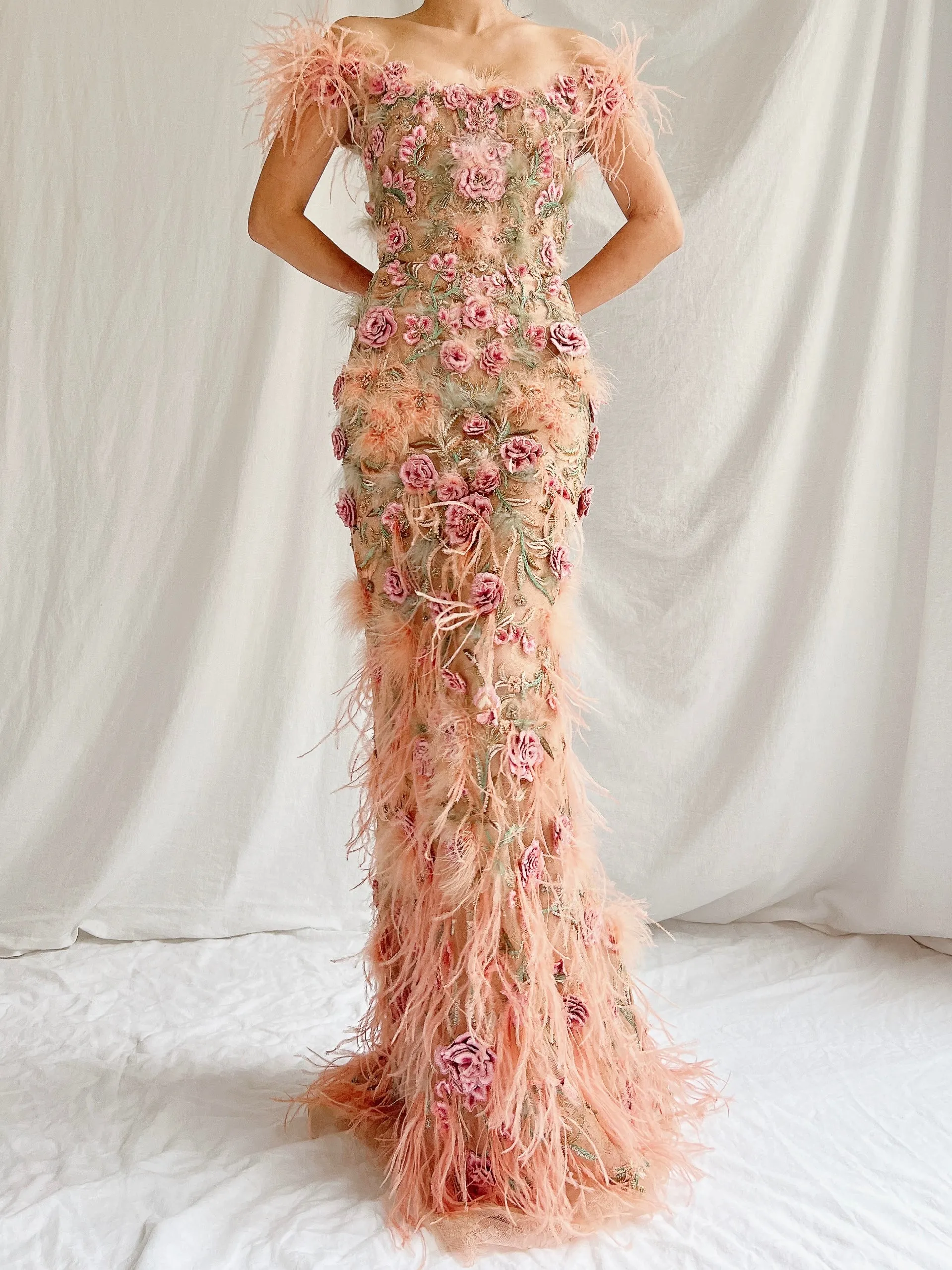Marchesa Peach Feather 3D Embellished Gown - XS