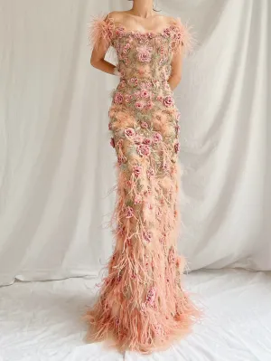 Marchesa Peach Feather 3D Embellished Gown - XS