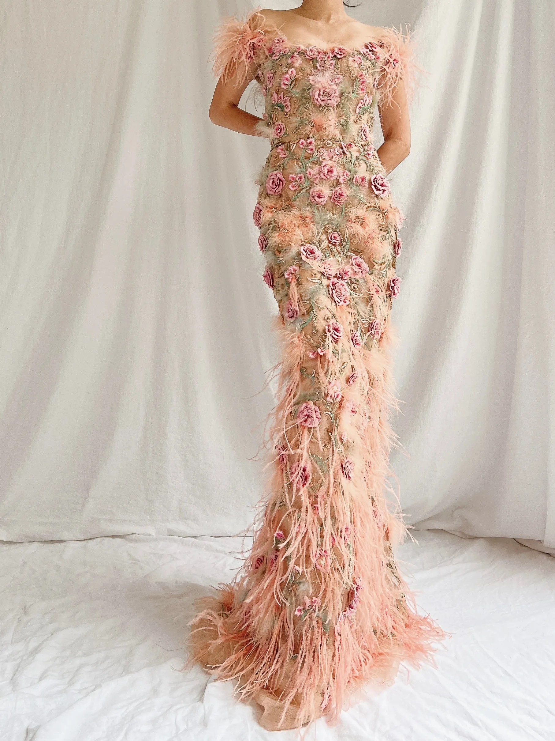 Marchesa Peach Feather 3D Embellished Gown - XS