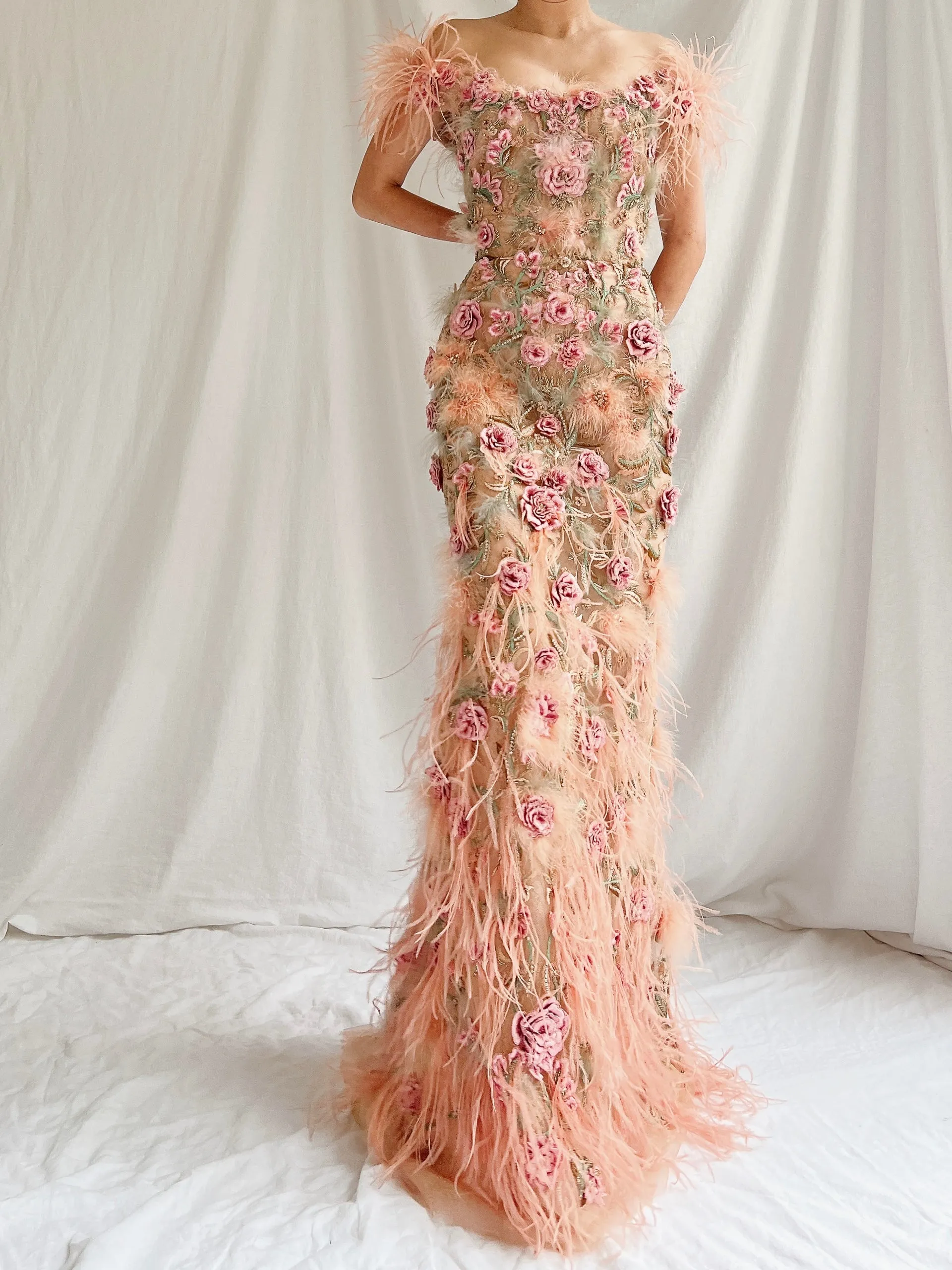 Marchesa Peach Feather 3D Embellished Gown - XS