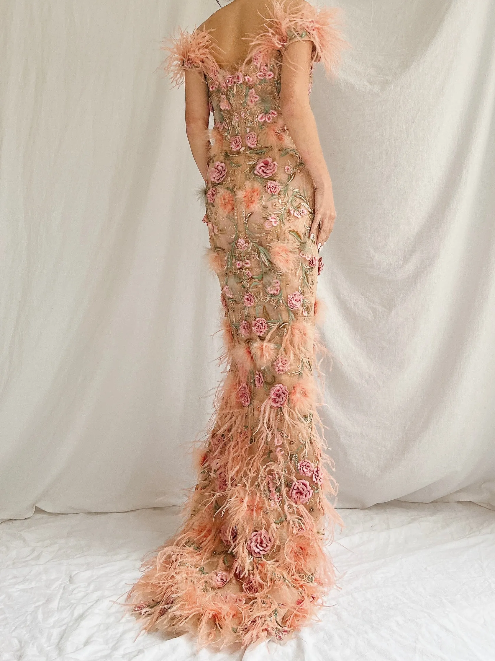 Marchesa Peach Feather 3D Embellished Gown - XS