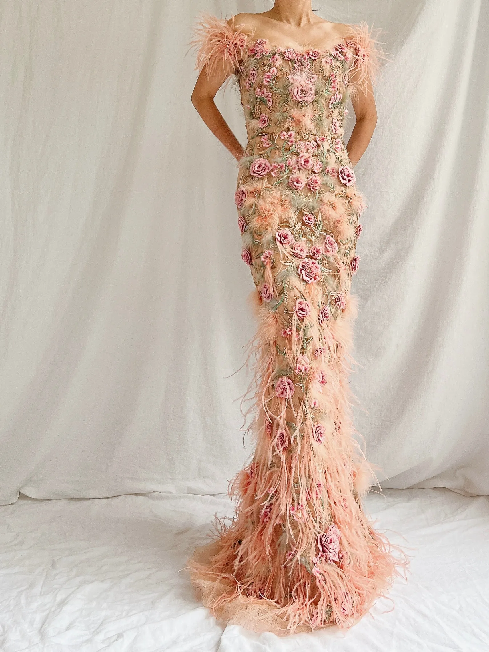 Marchesa Peach Feather 3D Embellished Gown - XS