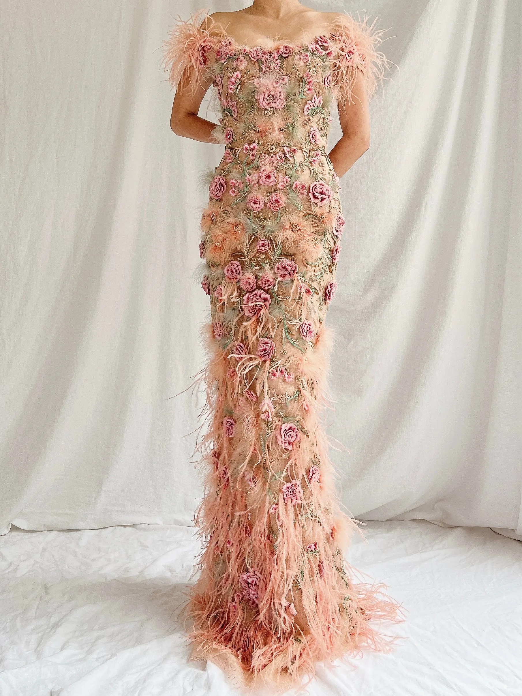 Marchesa Peach Feather 3D Embellished Gown - XS