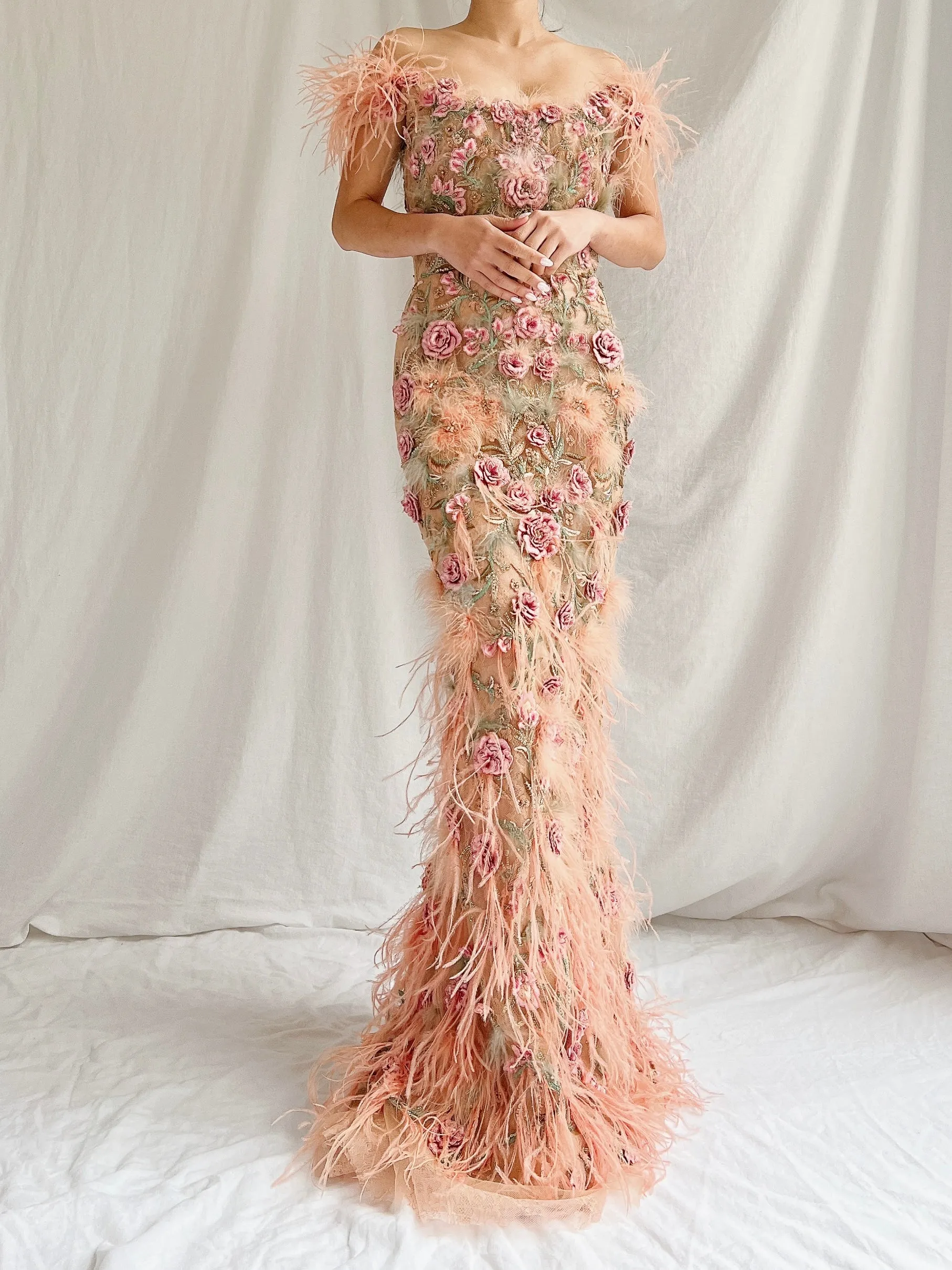Marchesa Peach Feather 3D Embellished Gown - XS