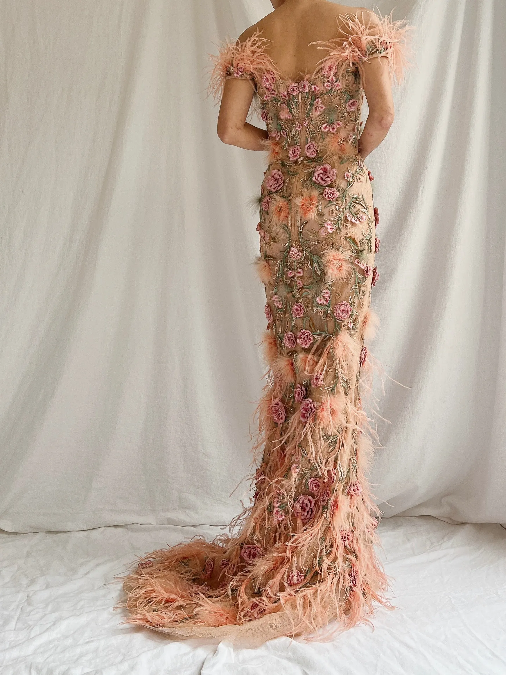 Marchesa Peach Feather 3D Embellished Gown - XS
