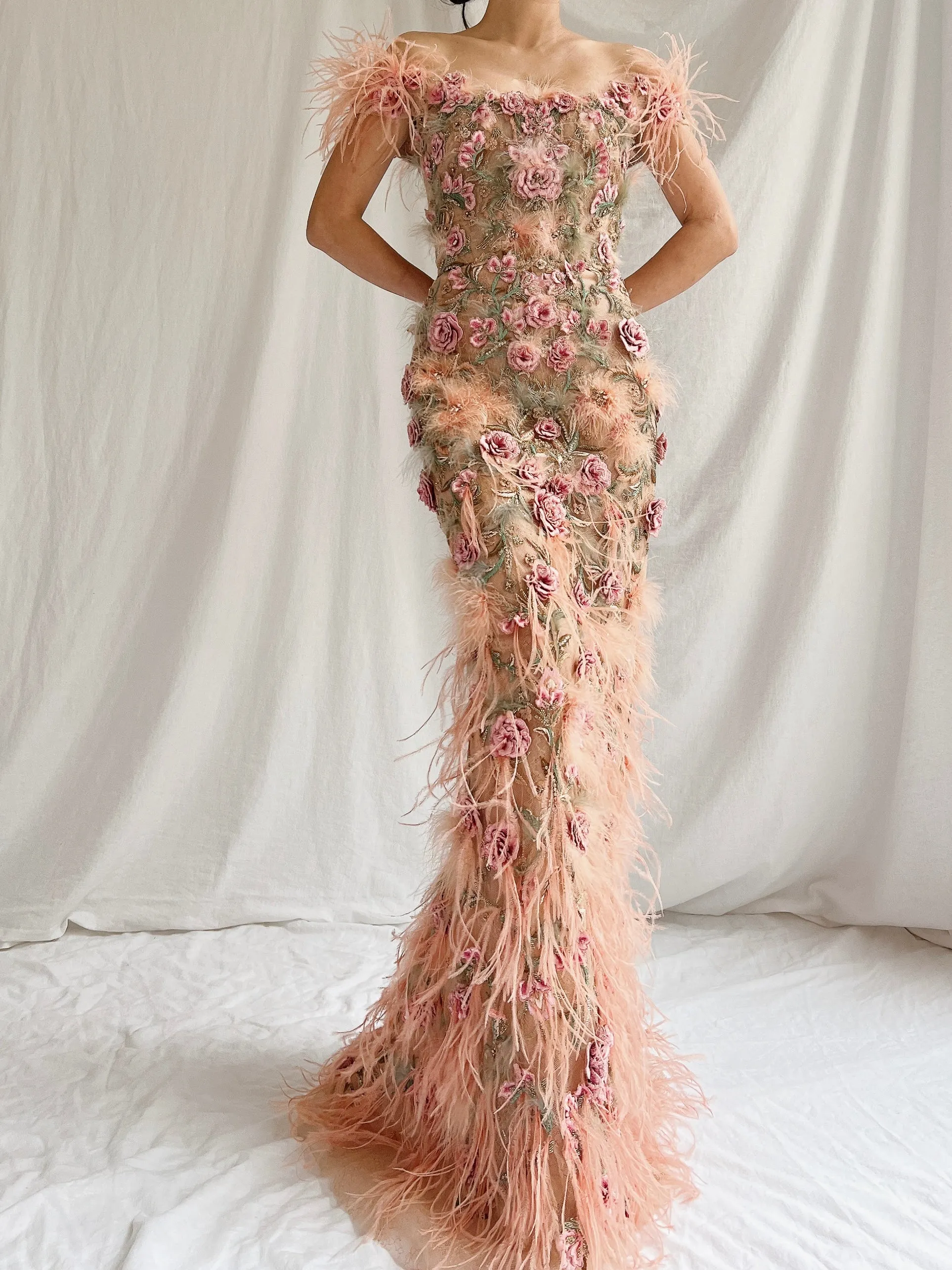 Marchesa Peach Feather 3D Embellished Gown - XS