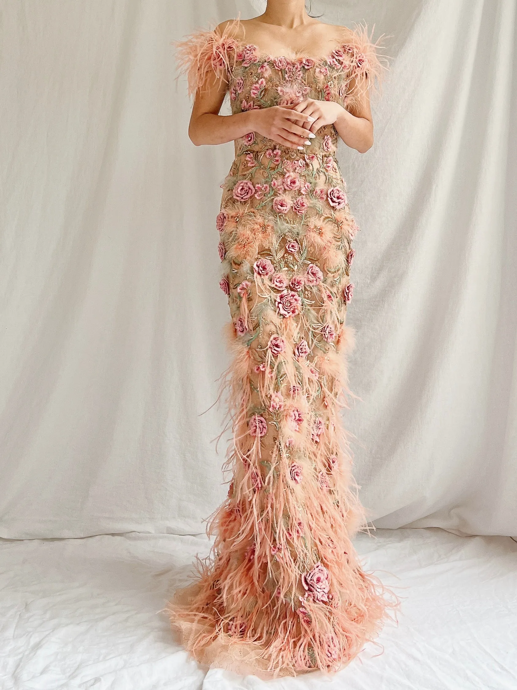 Marchesa Peach Feather 3D Embellished Gown - XS